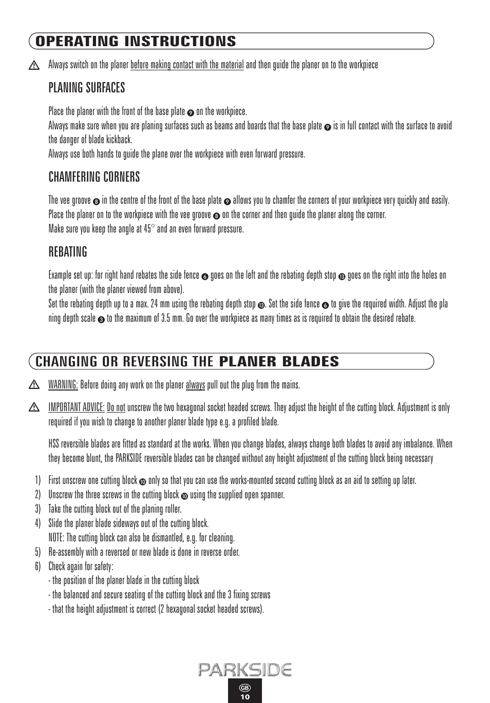 Operating instructions, Planing surfaces, Chamfering corners | Rebating, Changing or reversing the planer blades | Kompernass PEH 900 User Manual | Page 10 / 52