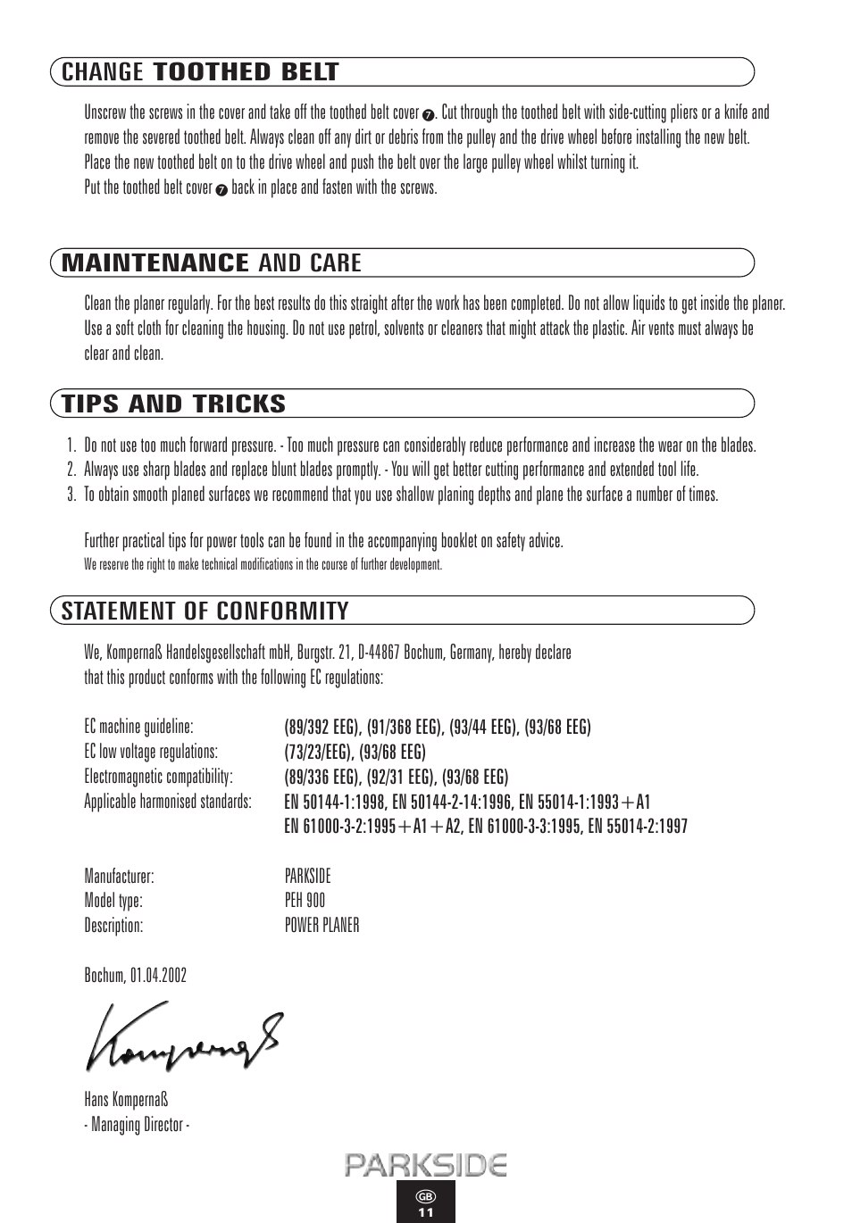 Change toothed belt, Maintenance and care, Tips and tricks | Statement of conformity | Kompernass PEH 900 User Manual | Page 11 / 52