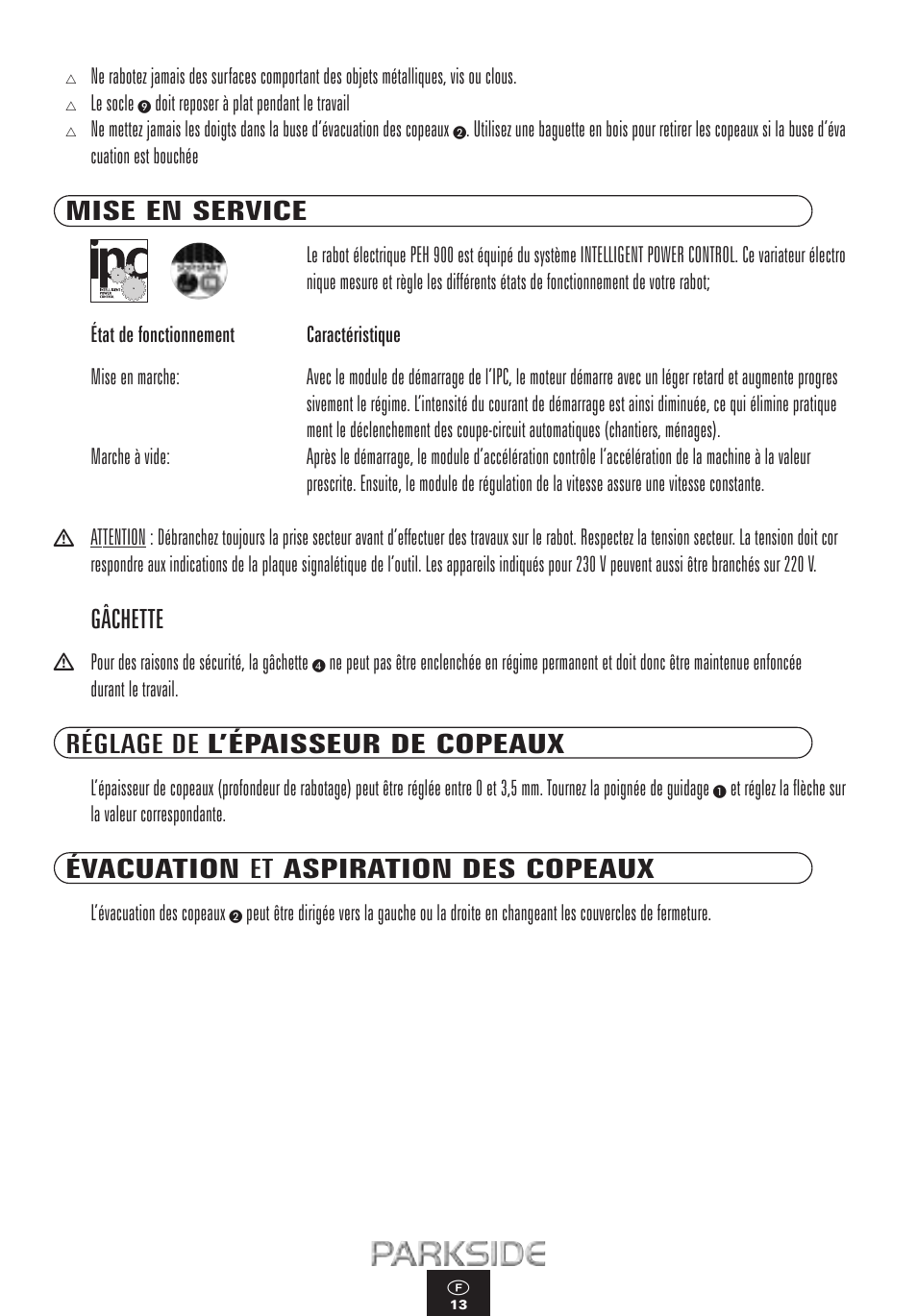 Mise en service, Gâchette, Réglage de l’épaisseur de copeaux | Évacuation et aspiration des copeaux | Kompernass PEH 900 User Manual | Page 13 / 52