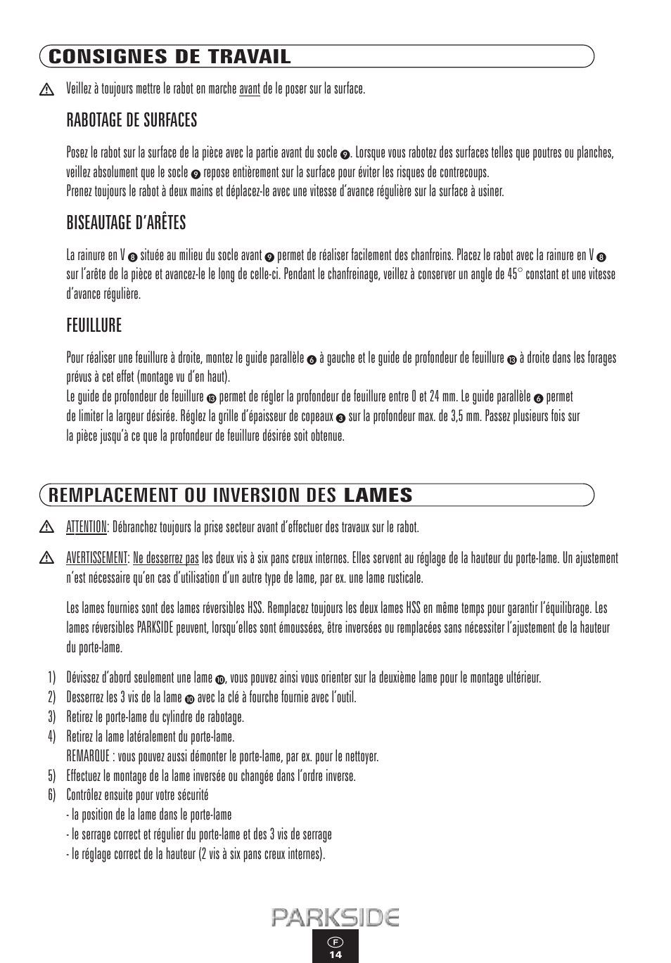 Consignes de travail, Rabotage de surfaces, Biseautage d’arêtes | Feuillure, Remplacement ou inversion des lames | Kompernass PEH 900 User Manual | Page 14 / 52