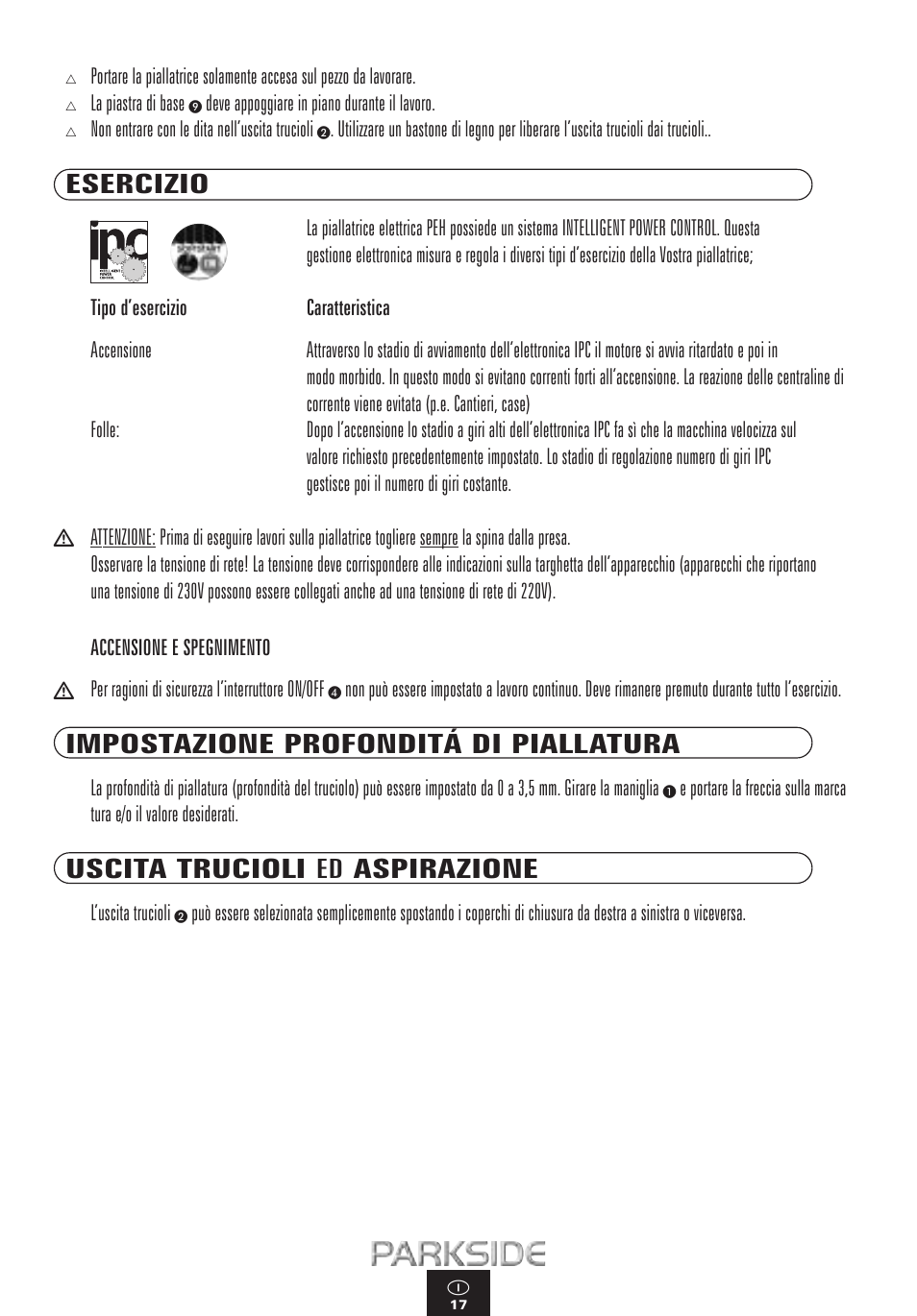 Esercizio, Impostazione profonditá di piallatura, Uscita trucioli ed aspirazione | Kompernass PEH 900 User Manual | Page 17 / 52