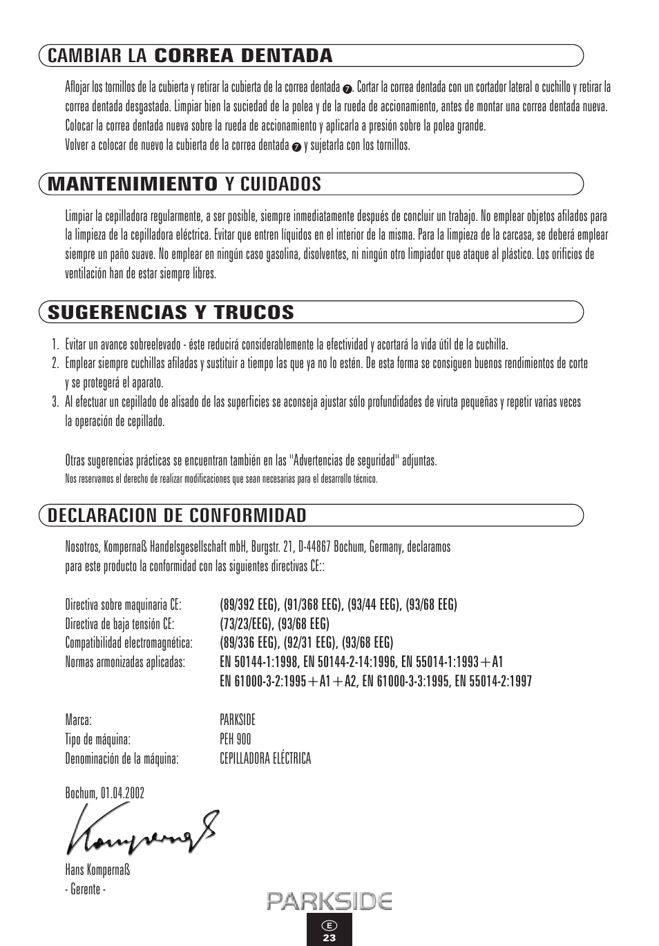 Cambiar la correa dentada, Mantenimiento y cuidados, Sugerencias y trucos | Declaracion de conformidad | Kompernass PEH 900 User Manual | Page 23 / 52