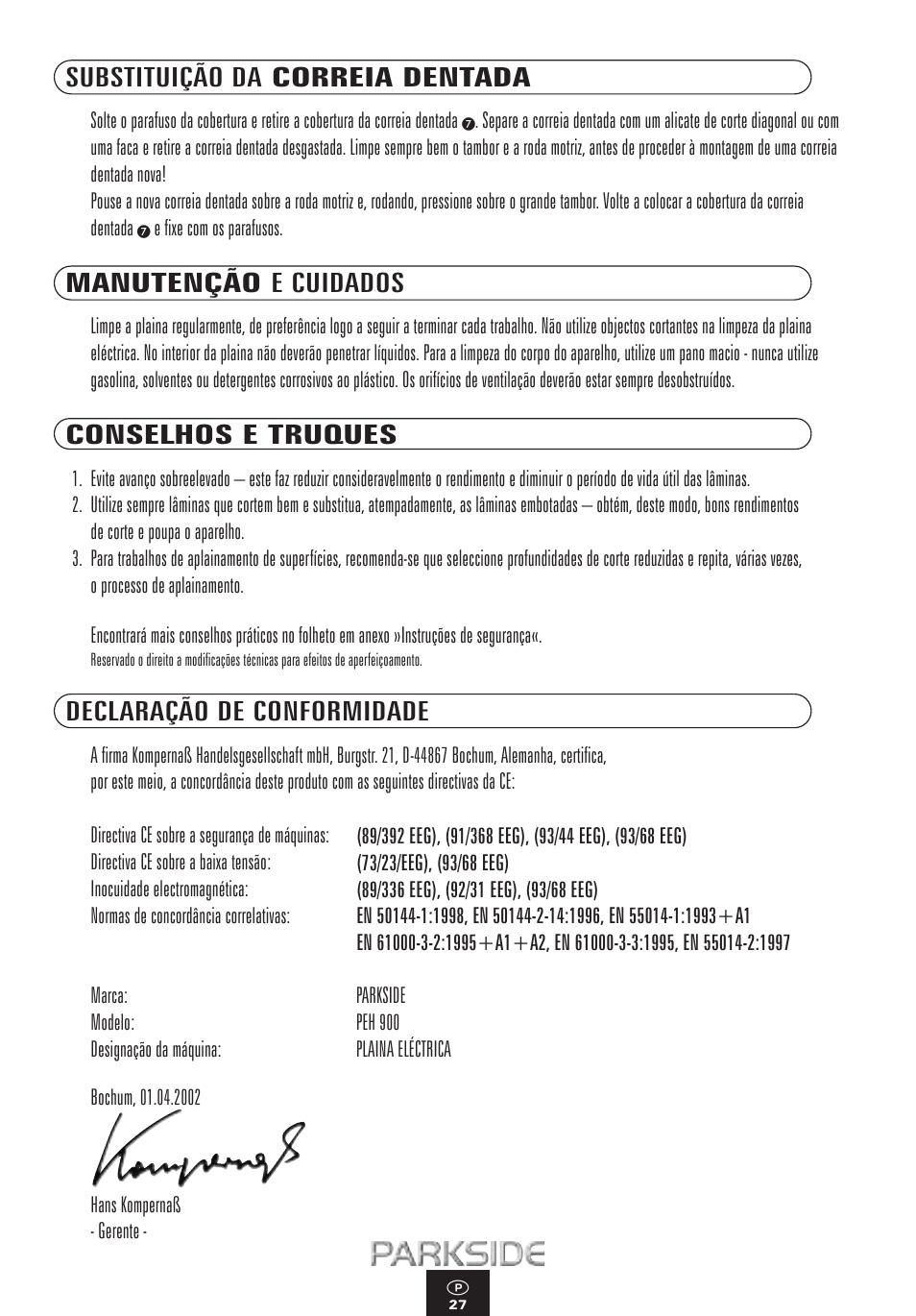 Substituição da correia dentada, Manutenção e cuidados, Conselhos e truques | Declaração de conformidade | Kompernass PEH 900 User Manual | Page 27 / 52