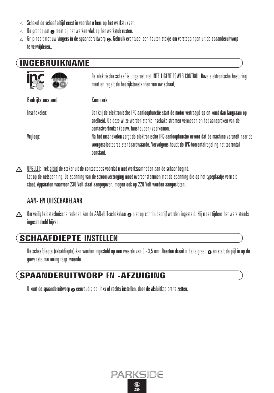 Ingebruikname, Aan- en uitschakelaar, Schaafdiepte instellen | Spaanderuitworp en -afzuiging | Kompernass PEH 900 User Manual | Page 29 / 52