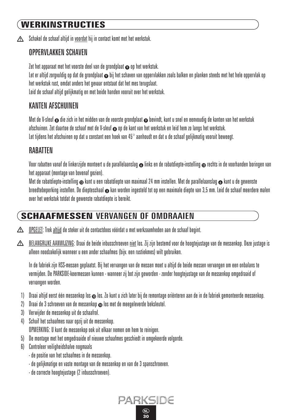 Werkinstructies, Oppervlakken schaven, Kanten afschuinen | Rabatten, Schaafmessen vervangen of omdraaien | Kompernass PEH 900 User Manual | Page 30 / 52