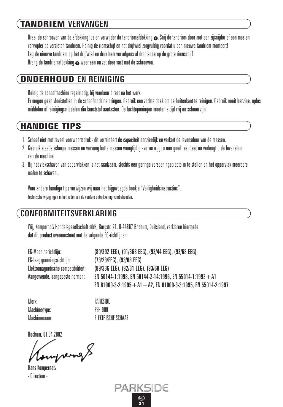 Tandriem vervangen, Onderhoud en reiniging, Handige tips | Conformiteitsverklaring | Kompernass PEH 900 User Manual | Page 31 / 52