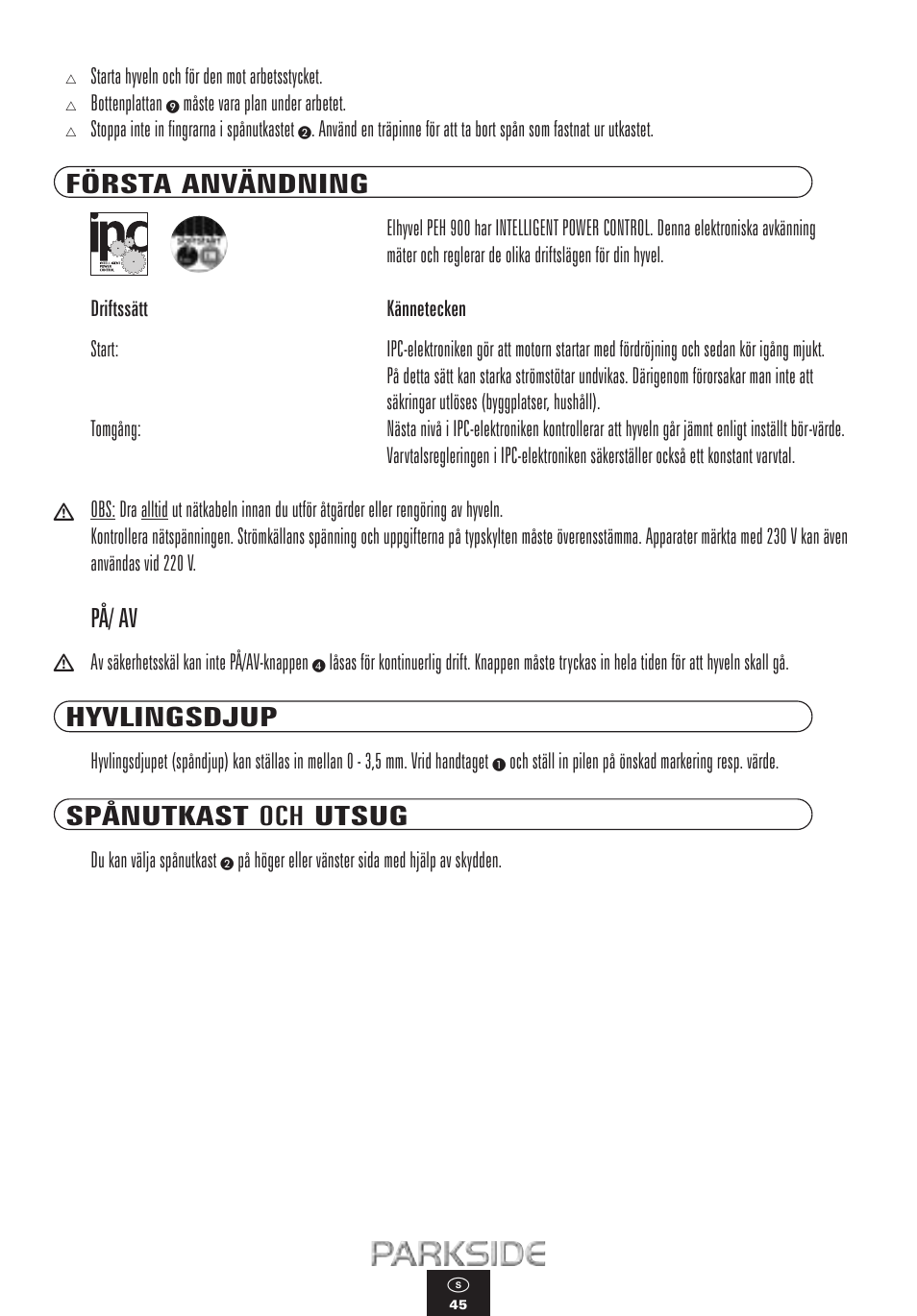 Första användning, På/ av, Hyvlingsdjup | Spånutkast och utsug | Kompernass PEH 900 User Manual | Page 45 / 52