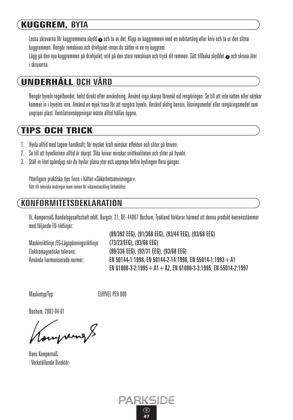 Kuggrem, byta, Underhåll och vård, Tips och trick | Konformitetsdeklaration | Kompernass PEH 900 User Manual | Page 47 / 52