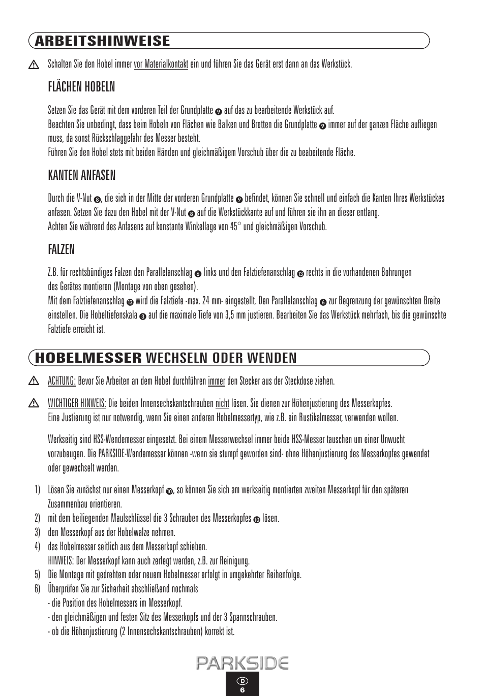Arbeitshinweise, Flächen hobeln, Kanten anfasen | Falzen, Hobelmesser wechseln oder wenden | Kompernass PEH 900 User Manual | Page 6 / 52