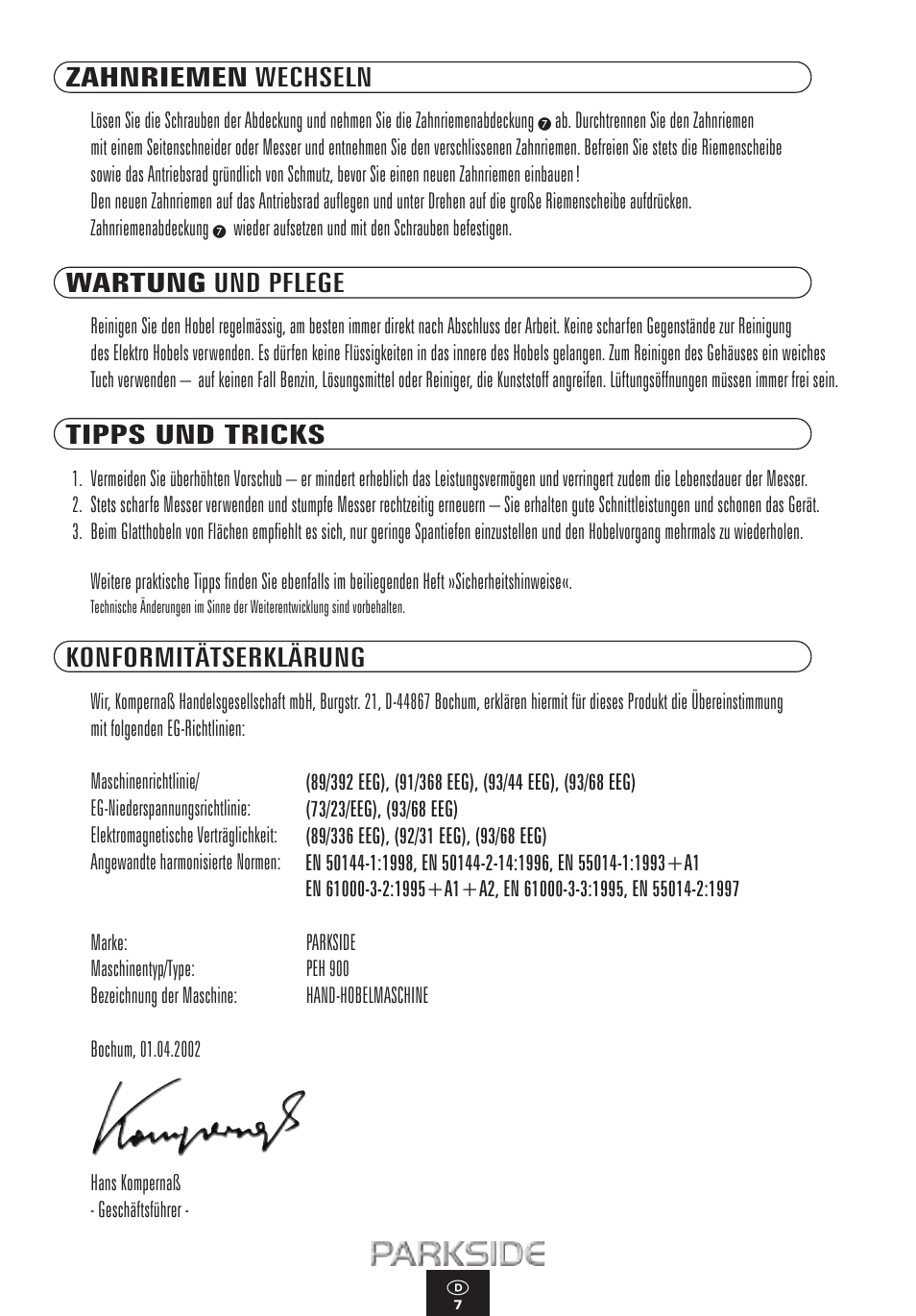 Zahnriemen wechseln, Wartung und pflege, Tipps und tricks | Konformitätserklärung | Kompernass PEH 900 User Manual | Page 7 / 52