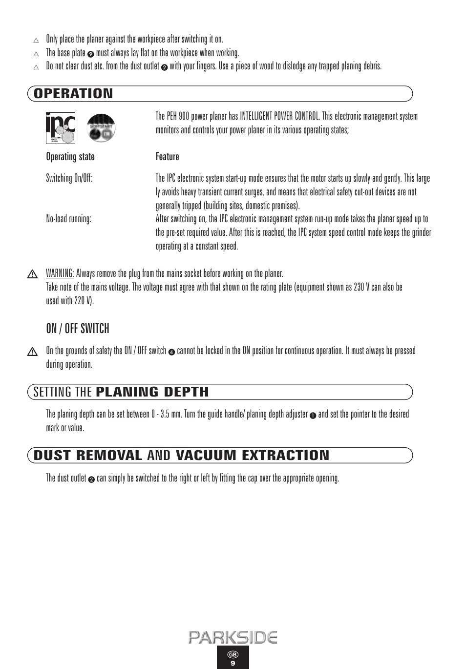 Operation, On / off switch, Setting the planing depth | Dust removal and vacuum extraction | Kompernass PEH 900 User Manual | Page 9 / 52