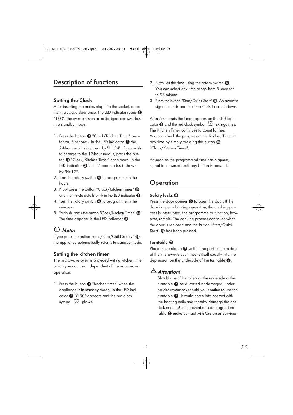 Description of functions, Operation | Kompernass KH1167 User Manual | Page 11 / 33