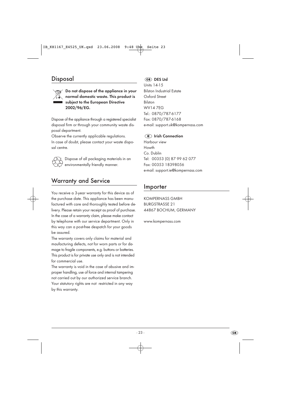 Disposal, Warranty and service, Importer | Kompernass KH1167 User Manual | Page 25 / 33