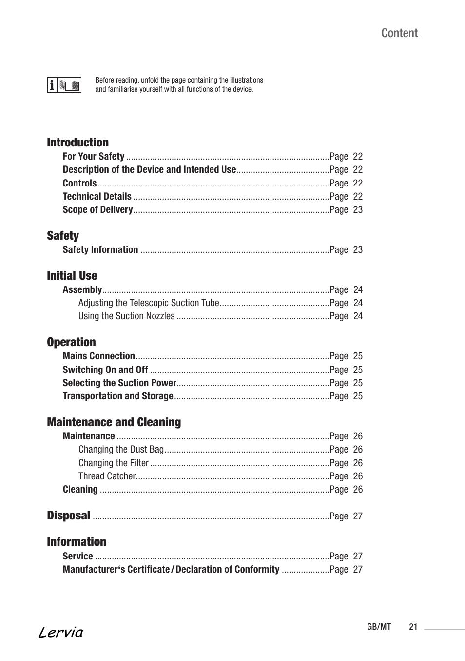 Content, Introduction, Safety | Initial use, Operation, Maintenance and cleaning, Disposal, Information | Kompernass KH 3158 User Manual | Page 19 / 34