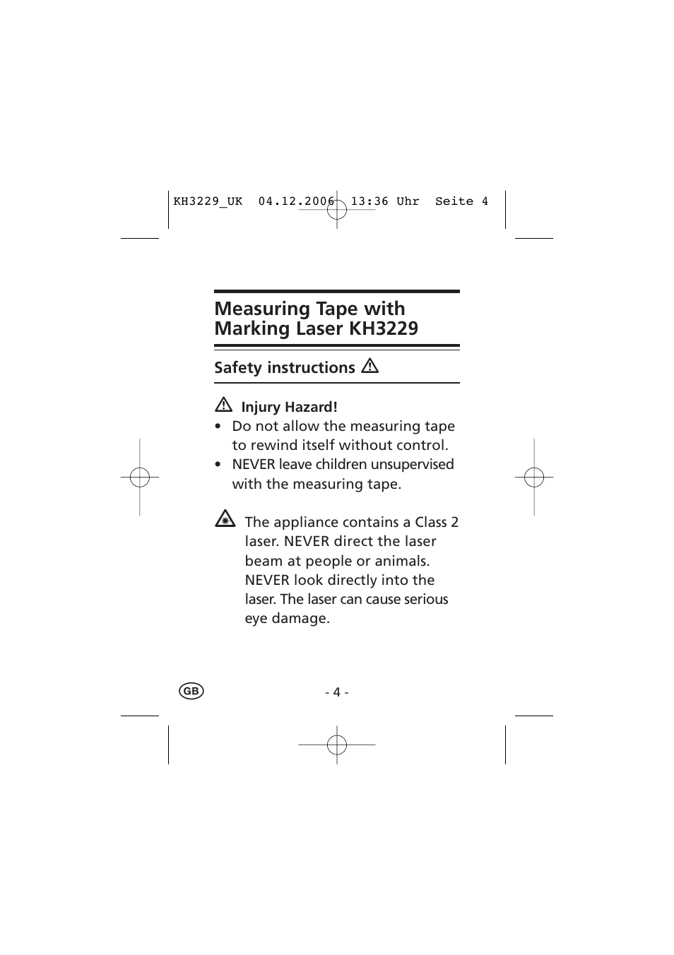 Measuring tape with marking laser kh3229 | Kompernass KH3229-09/06-V2 User Manual | Page 6 / 20
