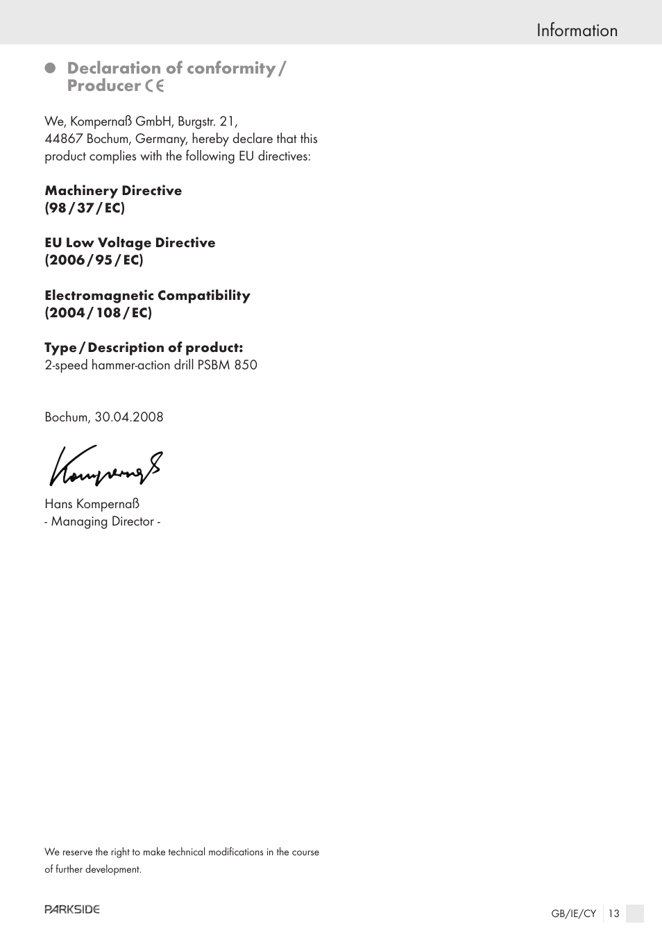 Information, Declaration of conformity / producer | Kompernass PSBM 850 User Manual | Page 11 / 11