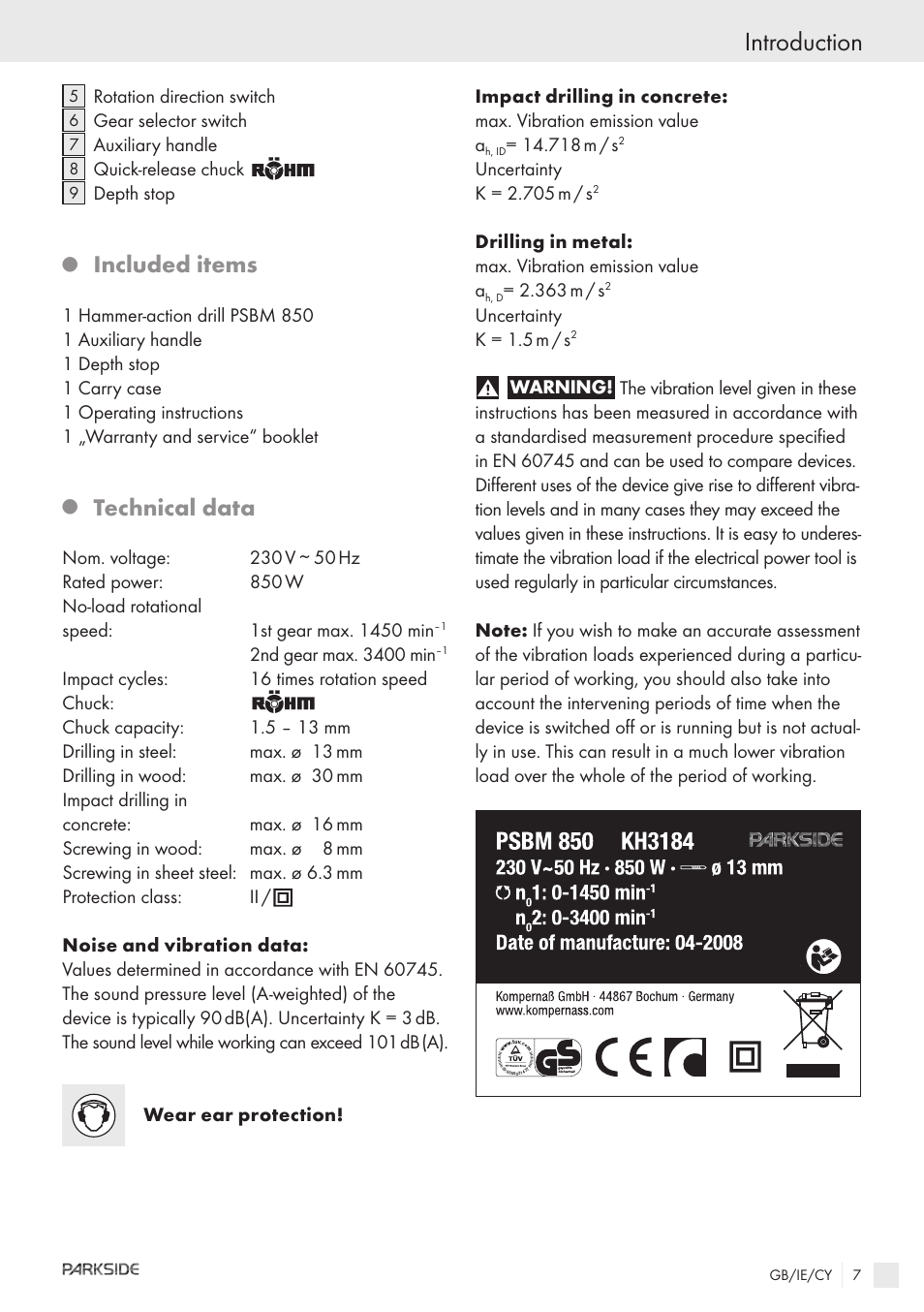 Introduction, Included items, Technical data | Kompernass PSBM 850 User Manual | Page 5 / 11