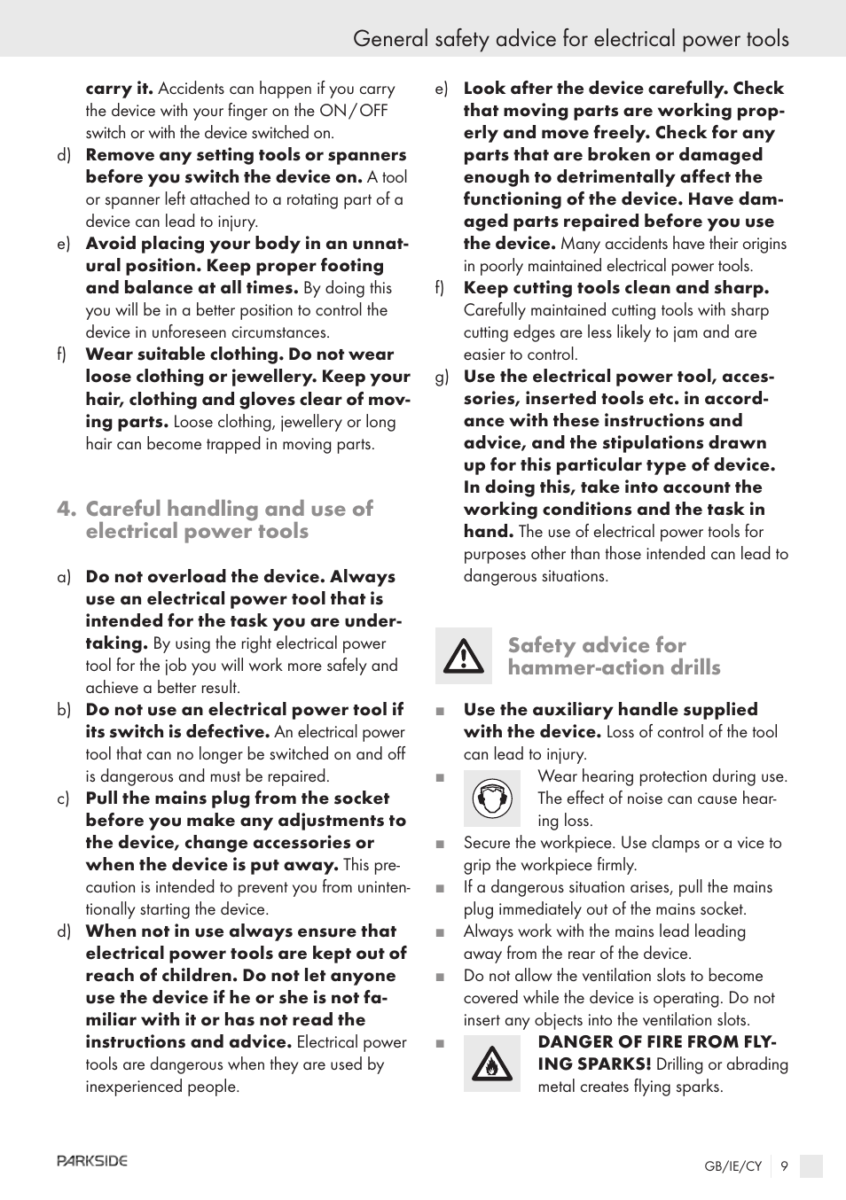 General safety advice for electrical power tools, Careful handling and use of electrical power tools, Safety advice for hammer-action drills | Kompernass PSBM 850 User Manual | Page 7 / 11