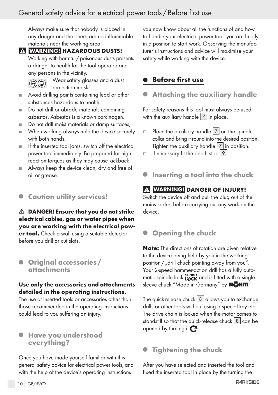 Caution utility services, Original accessories / attachments, Have you understood everything | Before first use, Attaching the auxiliary handle, Inserting a tool into the chuck, Opening the chuck, Tightening the chuck | Kompernass PSBM 850 User Manual | Page 8 / 11