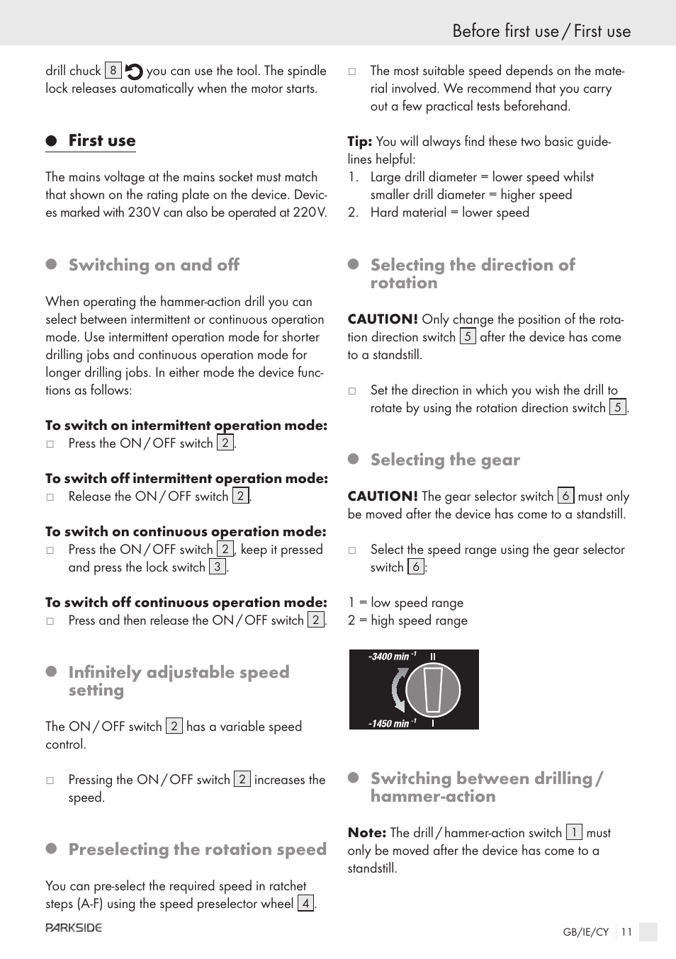 Before first use / first use, First use, Switching on and off | Infinitely adjustable speed setting, Preselecting the rotation speed, Selecting the direction of rotation, Selecting the gear, Switching between drilling / hammer-action | Kompernass PSBM 850 User Manual | Page 9 / 11