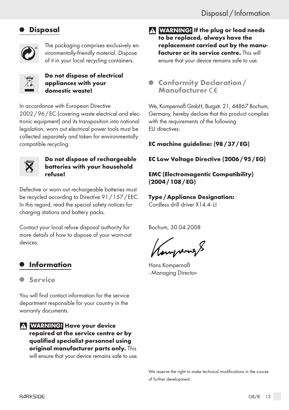 Disposal / information, Disposal, Information | Service, Conformity declaration / manufacturer | Kompernass KH 3188 User Manual | Page 11 / 31