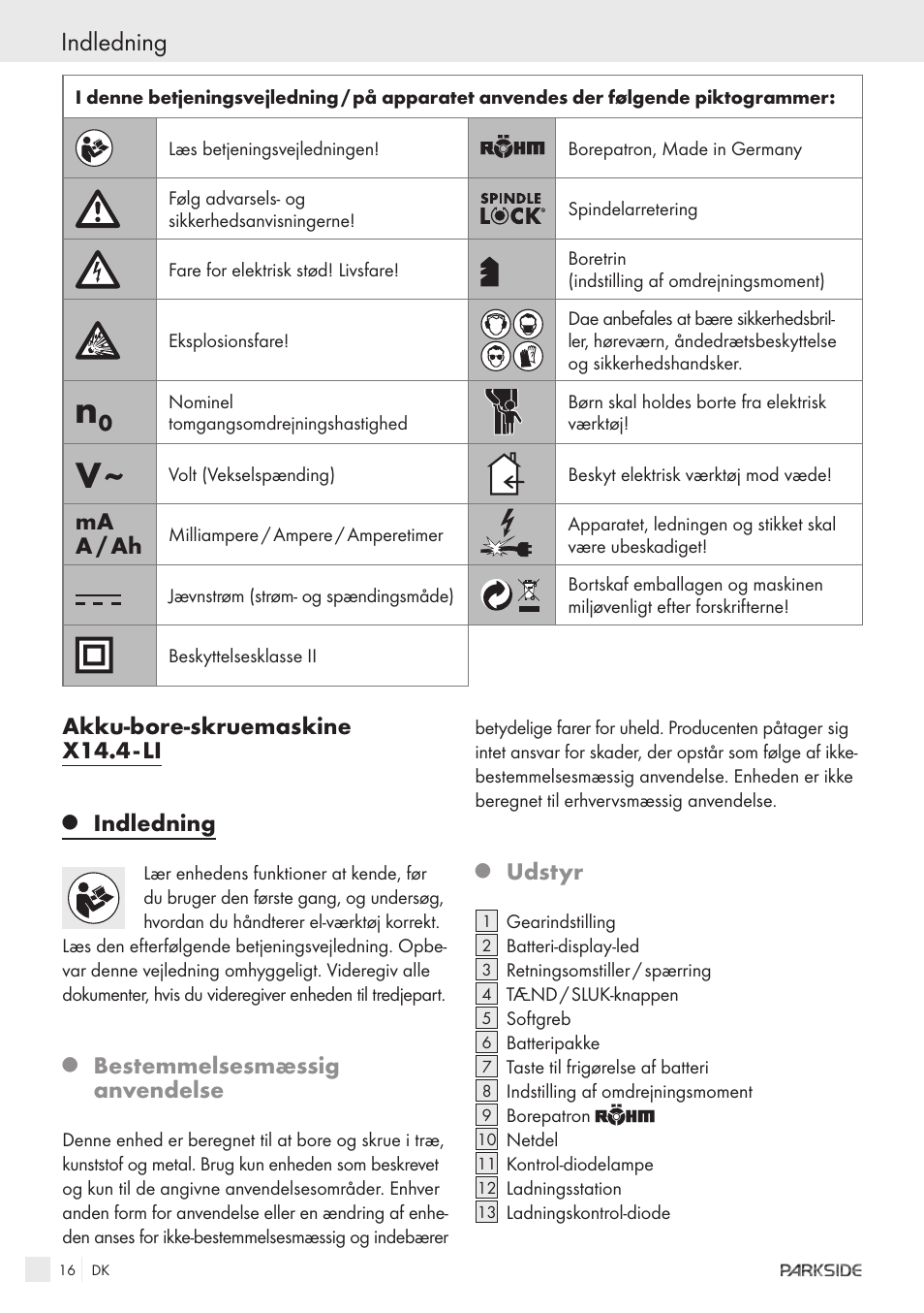 Indledning, Akku-bore-skruemaskine x14.4 - li, Bestemmelsesmæssig anvendelse | Udstyr, Ma a / ah | Kompernass KH 3188 User Manual | Page 14 / 31
