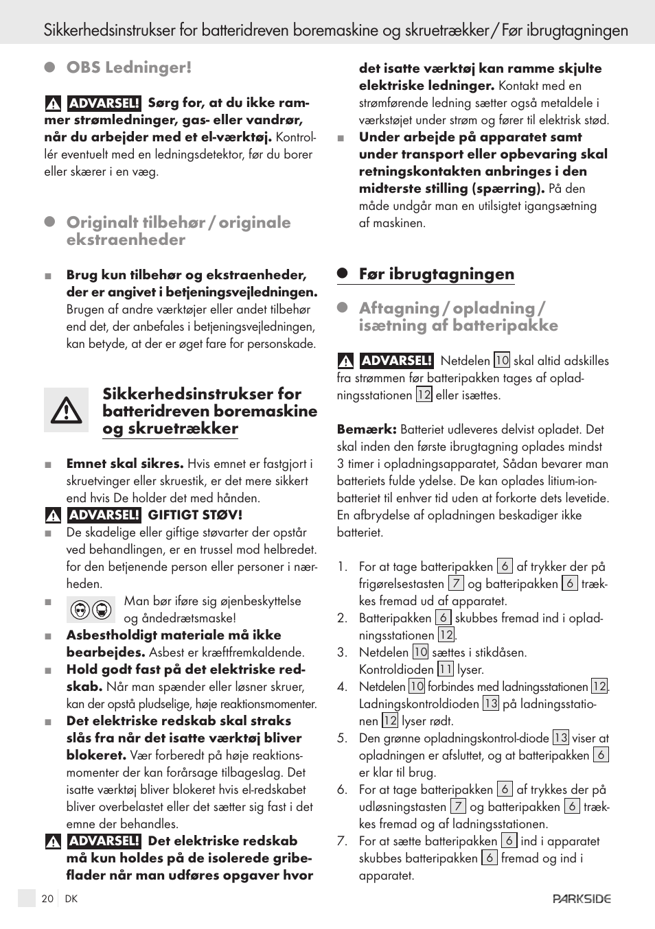 Obs ledninger, Originalt tilbehør / originale ekstraenheder, Før ibrugtagningen | Aftagning / opladning / isætning af batteripakke | Kompernass KH 3188 User Manual | Page 18 / 31