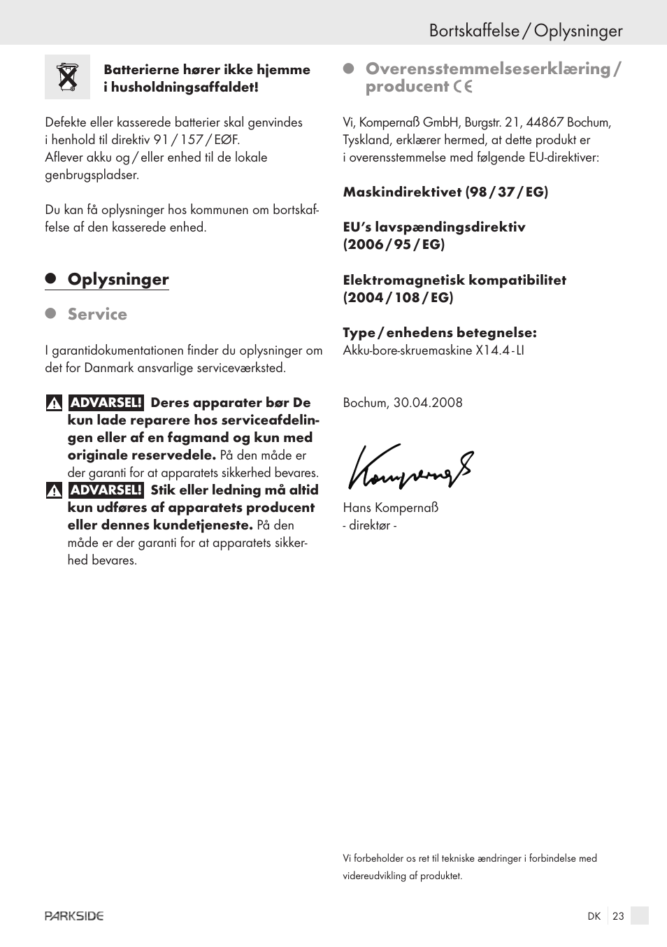 Bortskaffelse / oplysninger, Oplysninger, Service | Overensstemmelseserklæring / producent | Kompernass KH 3188 User Manual | Page 21 / 31