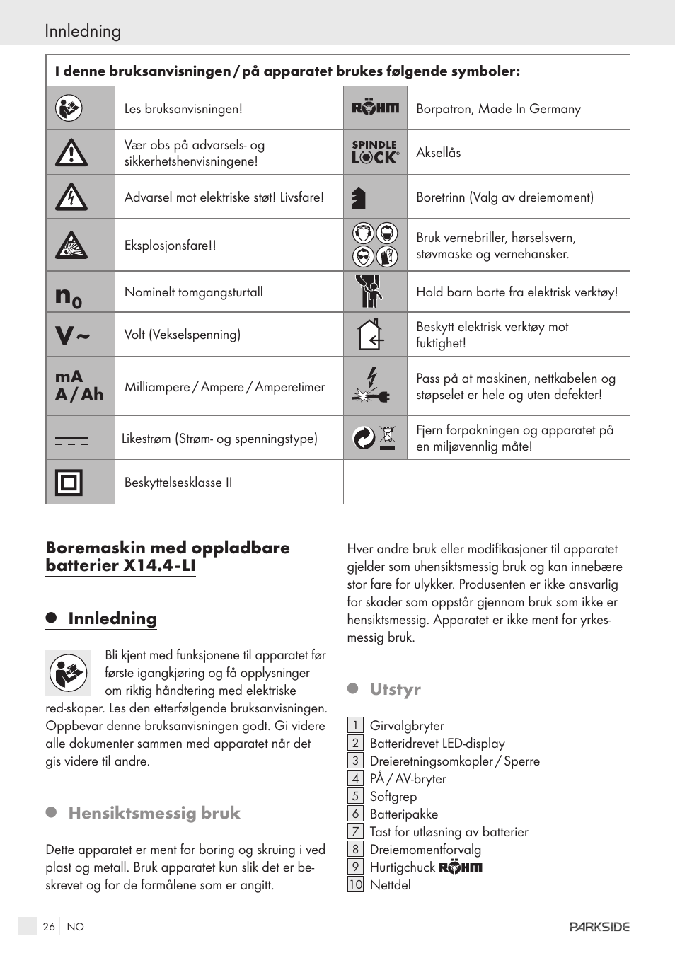 Innledning, Boremaskin med oppladbare batterier x14.4 - li, Hensiktsmessig bruk | Utstyr, Ma a / ah | Kompernass KH 3188 User Manual | Page 24 / 31