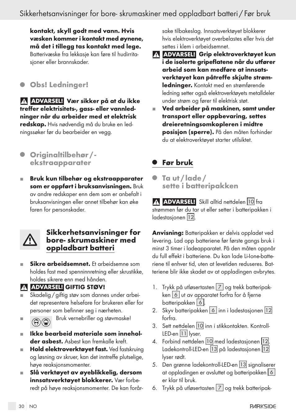 Obs! ledninger, Originaltilbehør / - ekstraapparater, Før bruk | Ta ut / lade / sette i batteripakken | Kompernass KH 3188 User Manual | Page 28 / 31