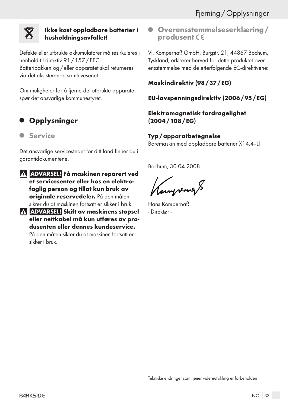 Fjerning / opplysninger, Opplysninger, Service | Overensstemmelseserklæring / produsent | Kompernass KH 3188 User Manual | Page 31 / 31
