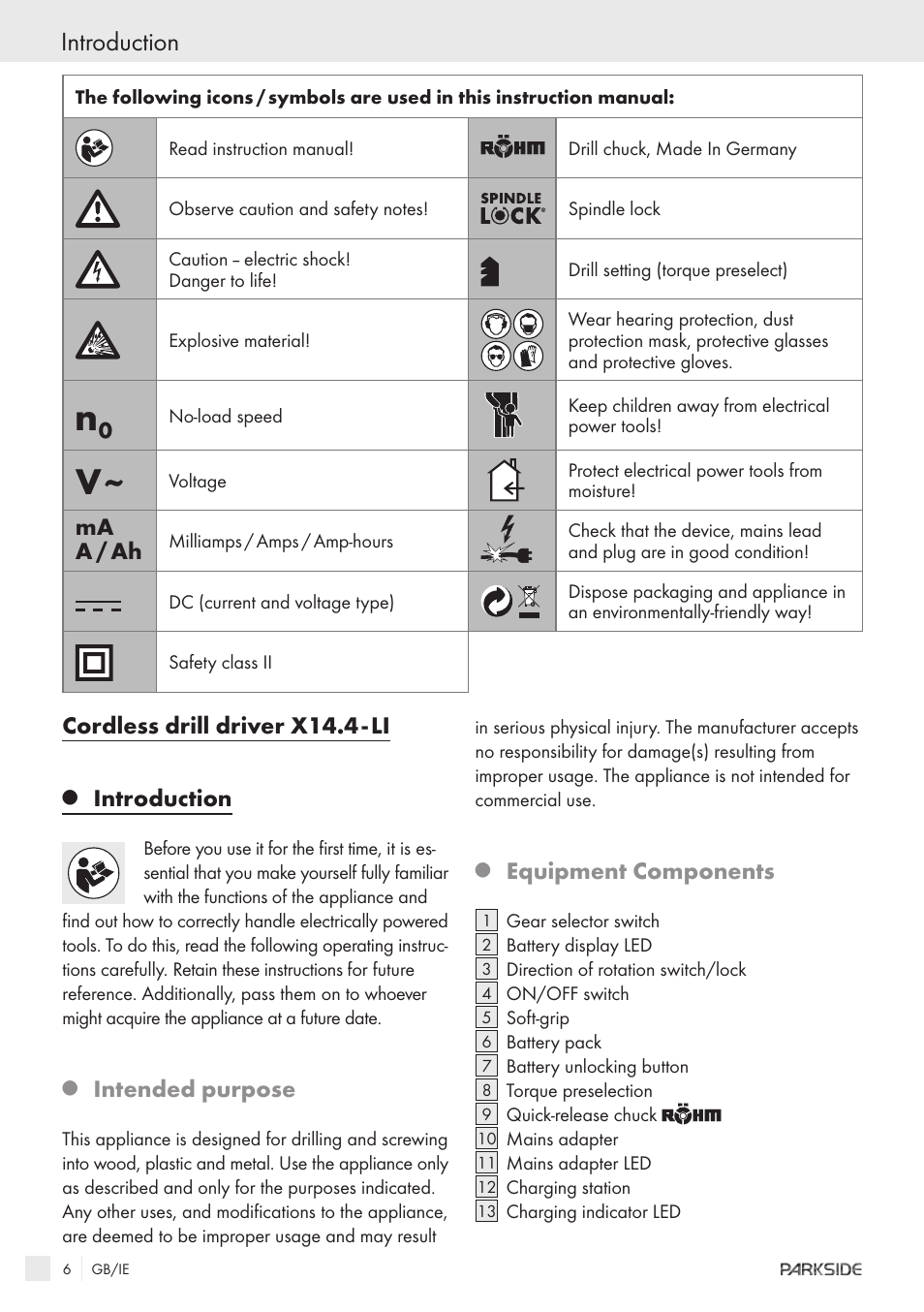 Introduction, Cordless drill driver x14.4 - li, Intended purpose | Equipment components, Ma a / ah | Kompernass KH 3188 User Manual | Page 4 / 31