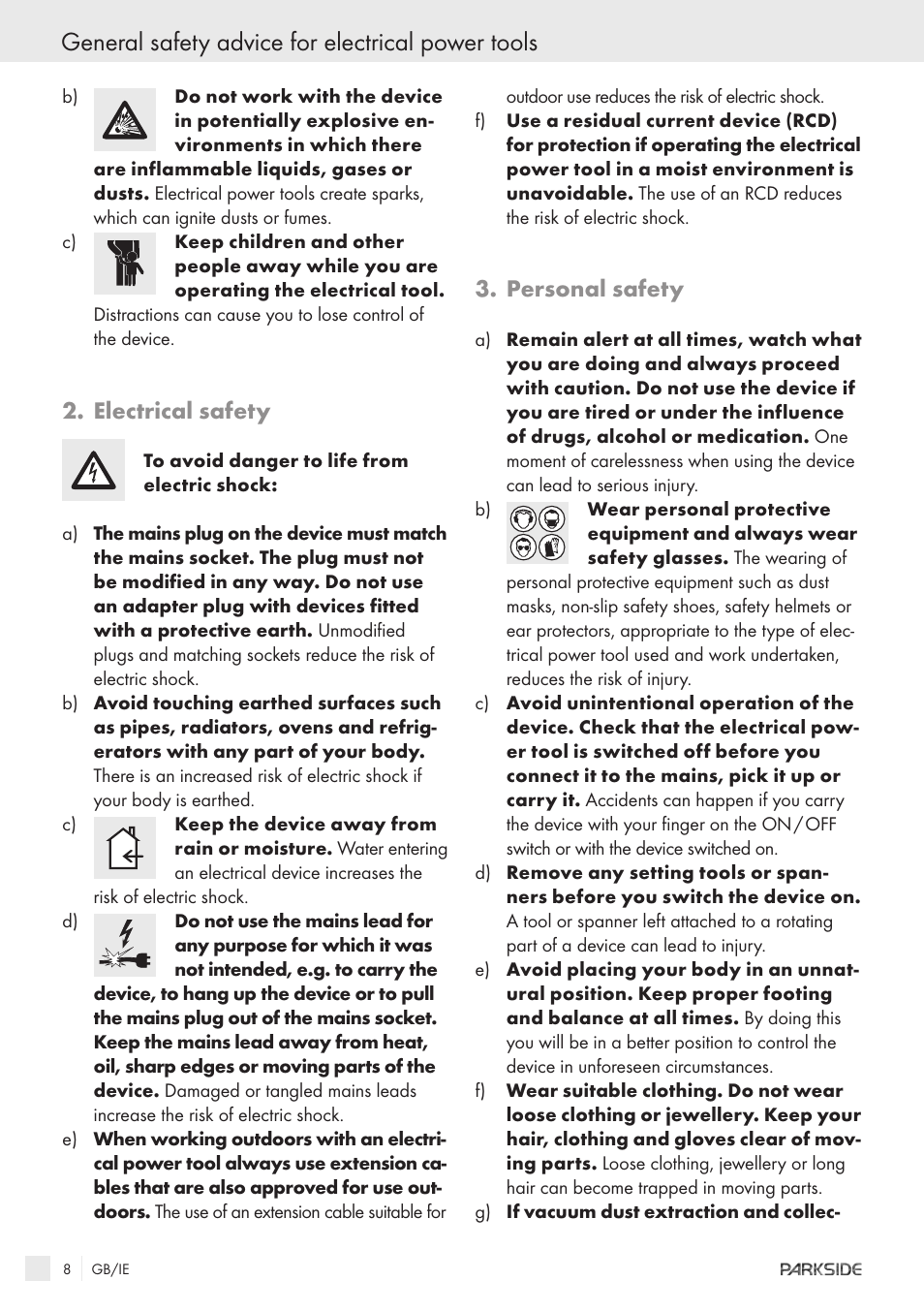 General safety advice for electrical power tools, Electrical safety, Personal safety | Kompernass KH 3188 User Manual | Page 6 / 31