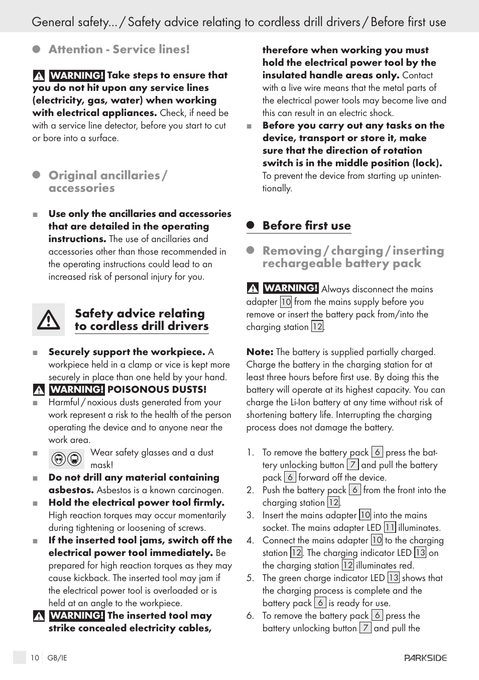 Attention - service lines, Original ancillaries / accessories, Safety advice relating to cordless drill drivers | Before first use | Kompernass KH 3188 User Manual | Page 8 / 31