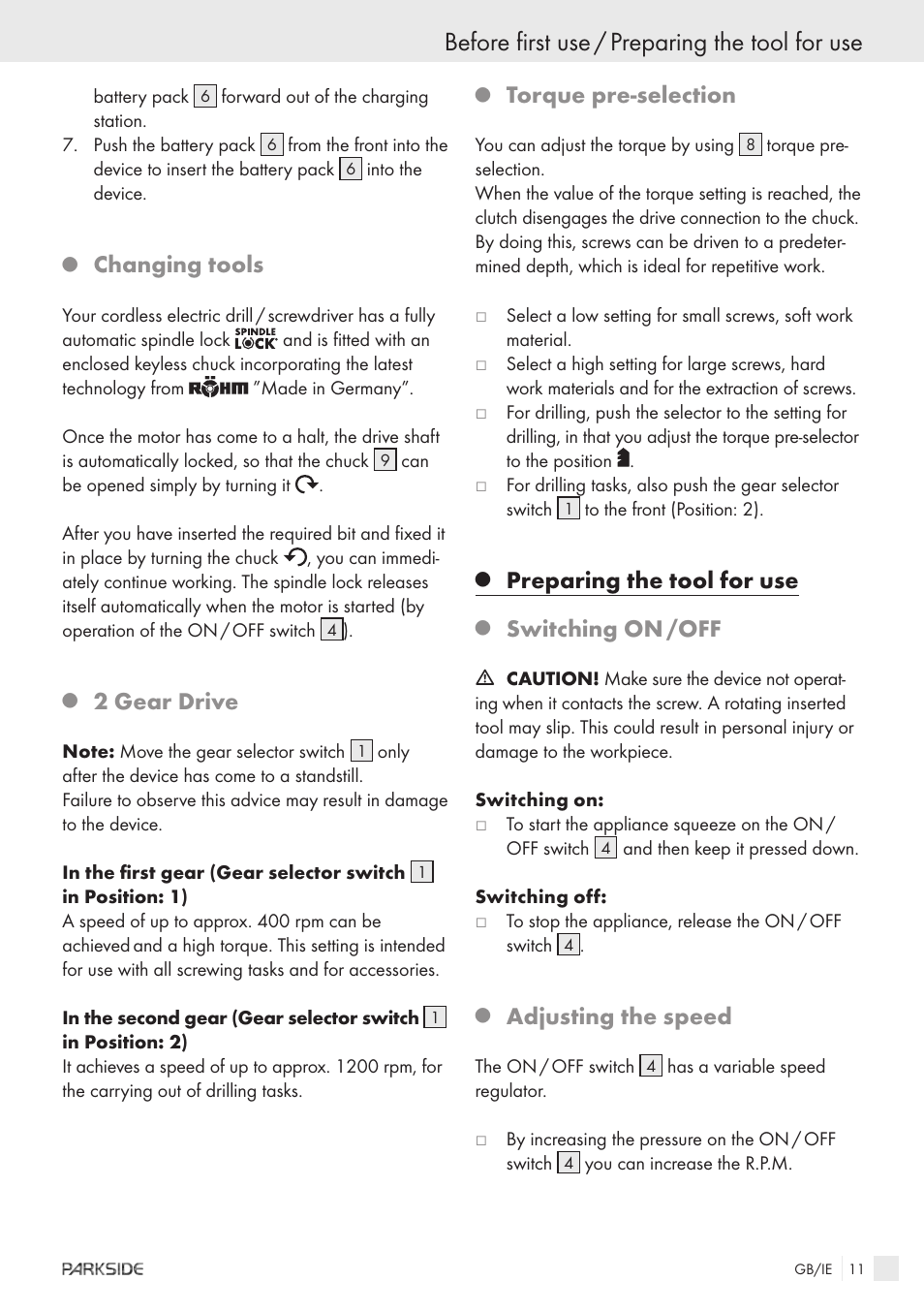 Before first use / preparing the tool for use, Changing tools, 2 gear drive | Torque pre-selection, Preparing the tool for use, Switching on /off, Adjusting the speed | Kompernass KH 3188 User Manual | Page 9 / 31
