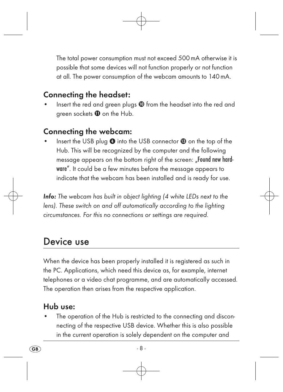 Device use, Connecting the headset, Connecting the webcam | Hub use | Kompernass KH 2346 User Manual | Page 10 / 28