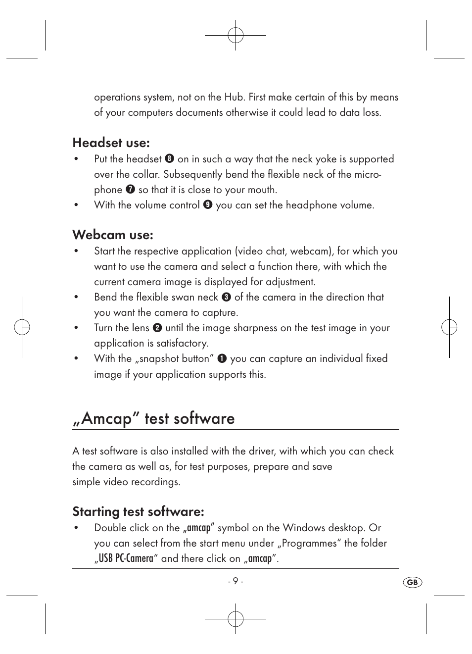 Amcap” test software, Headset use, Webcam use | Starting test software | Kompernass KH 2346 User Manual | Page 11 / 28