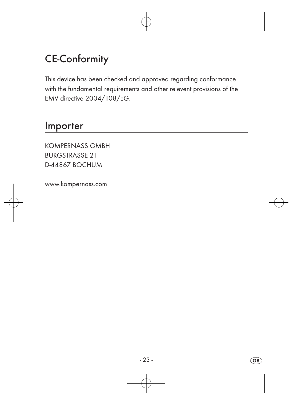 Ce-conformity, Importer | Kompernass KH 2346 User Manual | Page 25 / 28