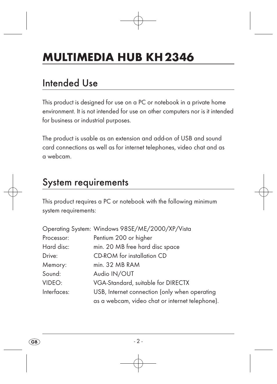 Multimedia hub kh 2346, Intended use, System requirements | Kompernass KH 2346 User Manual | Page 4 / 28