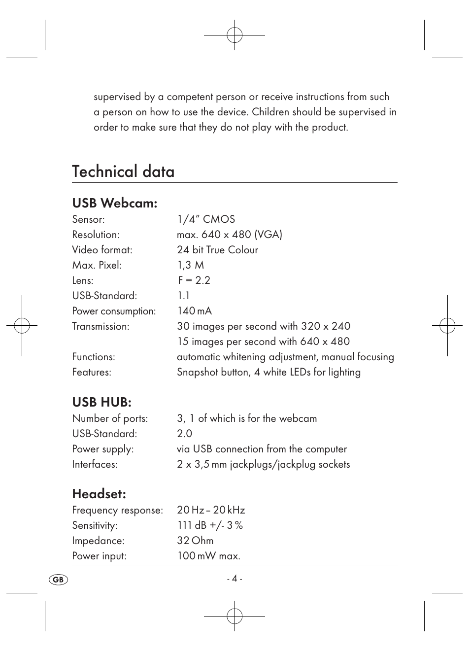 Technical data, Usb webcam, Usb hub | Headset | Kompernass KH 2346 User Manual | Page 6 / 28