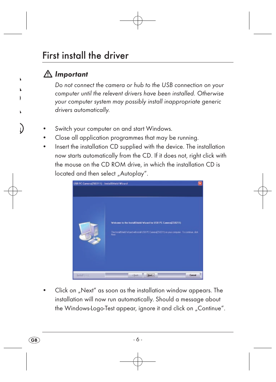 First install the driver, Important | Kompernass KH 2346 User Manual | Page 8 / 28