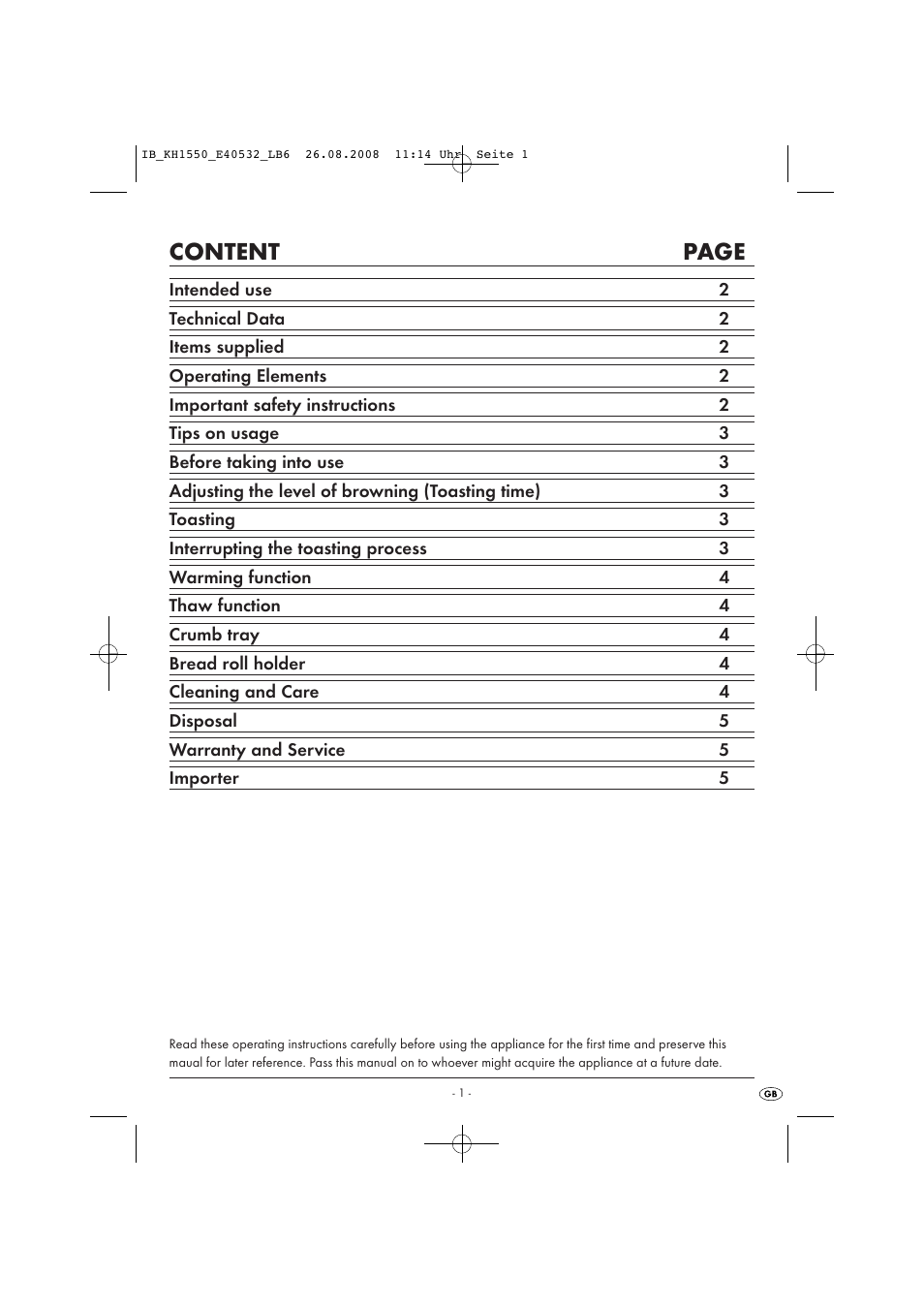 Content page | Kompernass LARGE 2-SLOT TOASTER KH 1550 User Manual | Page 3 / 7