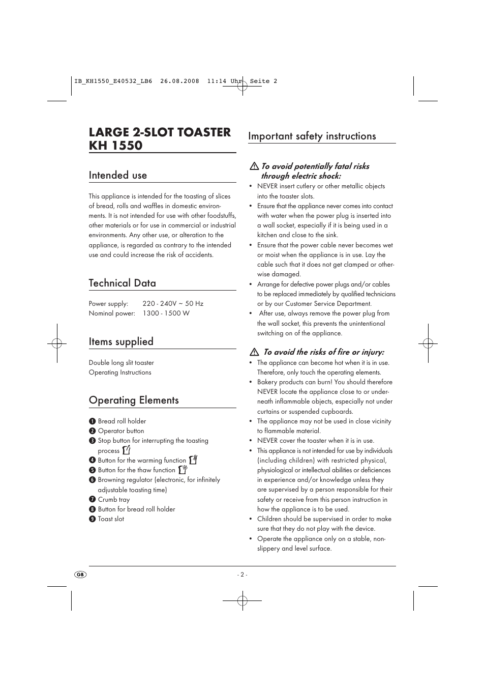 Intended use, Technical data, Items supplied | Operating elements, Important safety instructions | Kompernass LARGE 2-SLOT TOASTER KH 1550 User Manual | Page 4 / 7