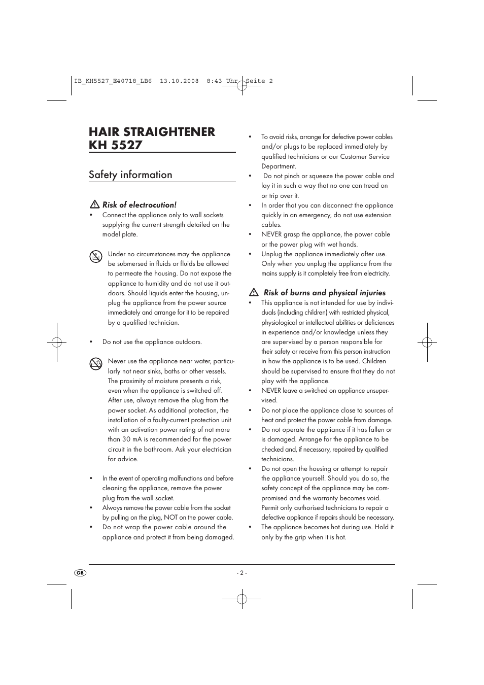 Hair straightener kh 5527, Safety information | Kompernass KH5527 User Manual | Page 4 / 8