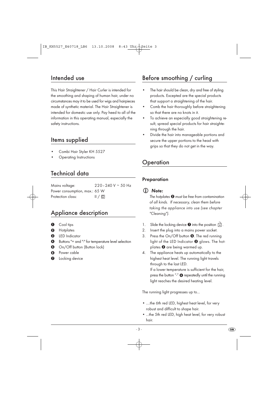 Intended use, Items supplied, Technical data | Appliance description, Before smoothing / curling, Operation | Kompernass KH5527 User Manual | Page 5 / 8