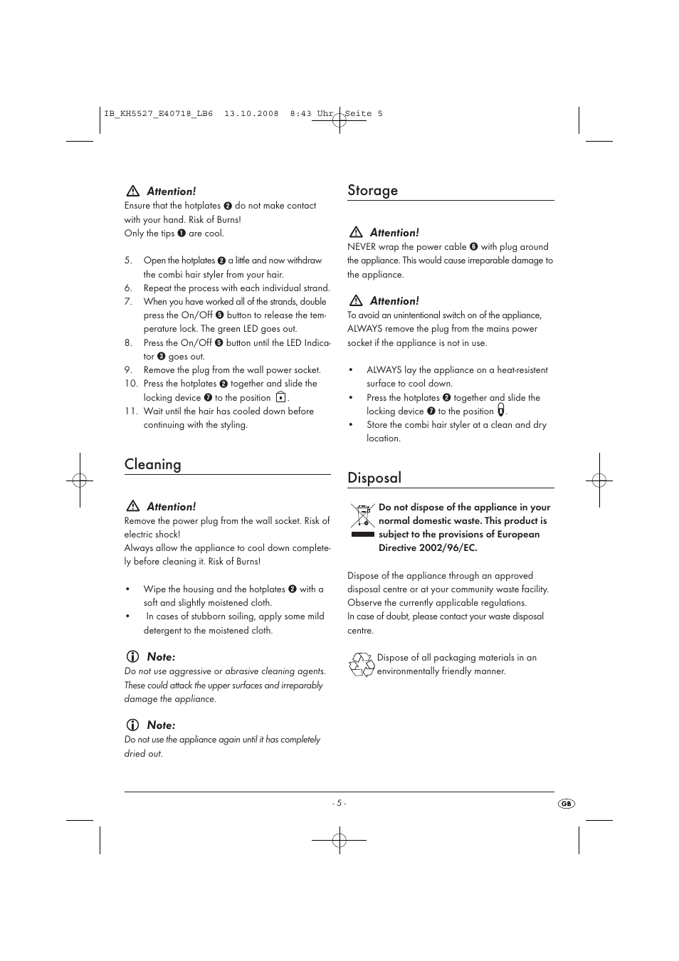 Cleaning, Storage, Disposal | Kompernass KH5527 User Manual | Page 7 / 8