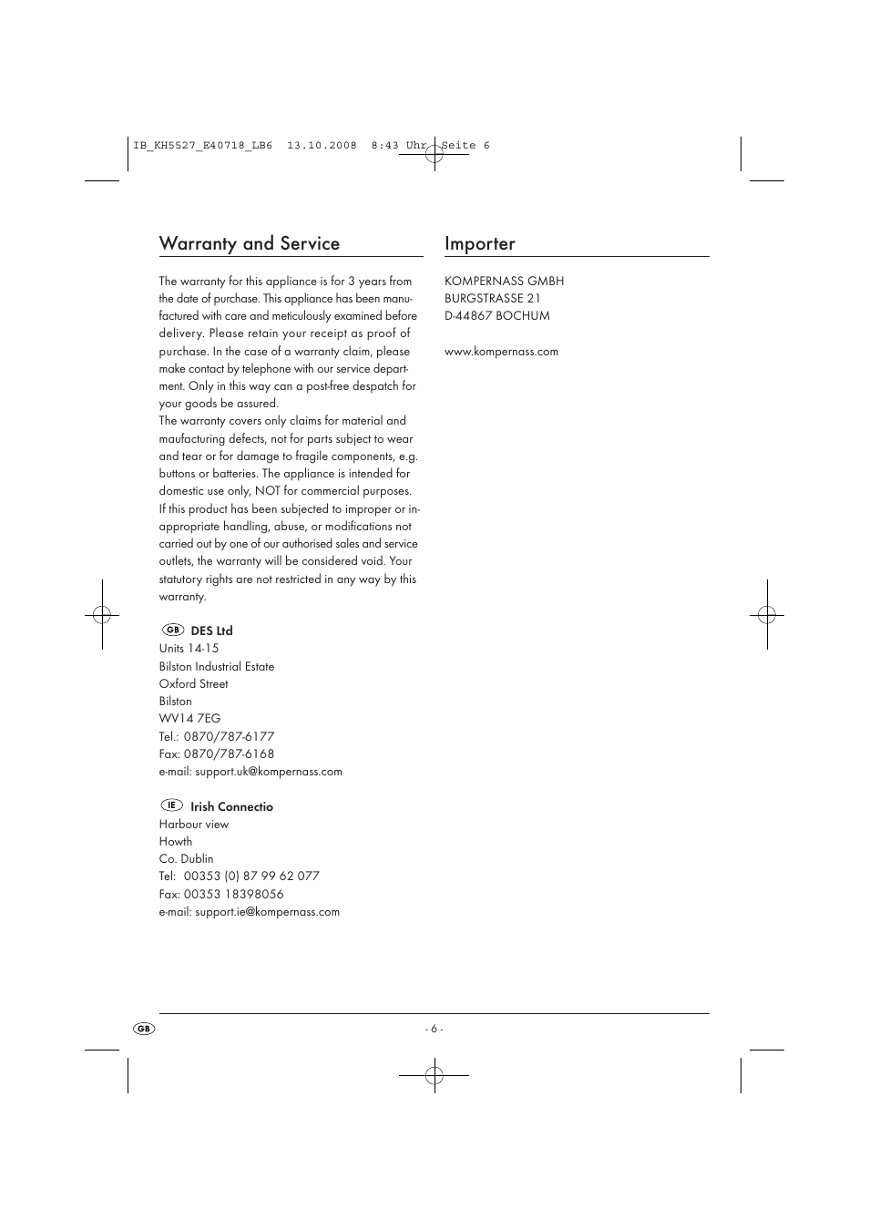 Warranty and service, Importer | Kompernass KH5527 User Manual | Page 8 / 8