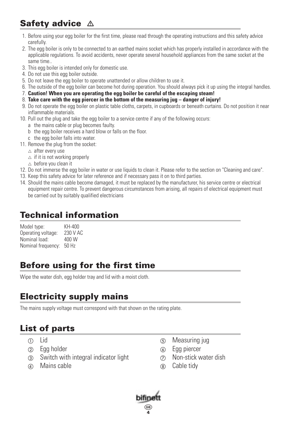 Safety advice, Technical information, Before using for the first time | Electricity supply mains, List of parts | Kompernass KH 400 User Manual | Page 4 / 6