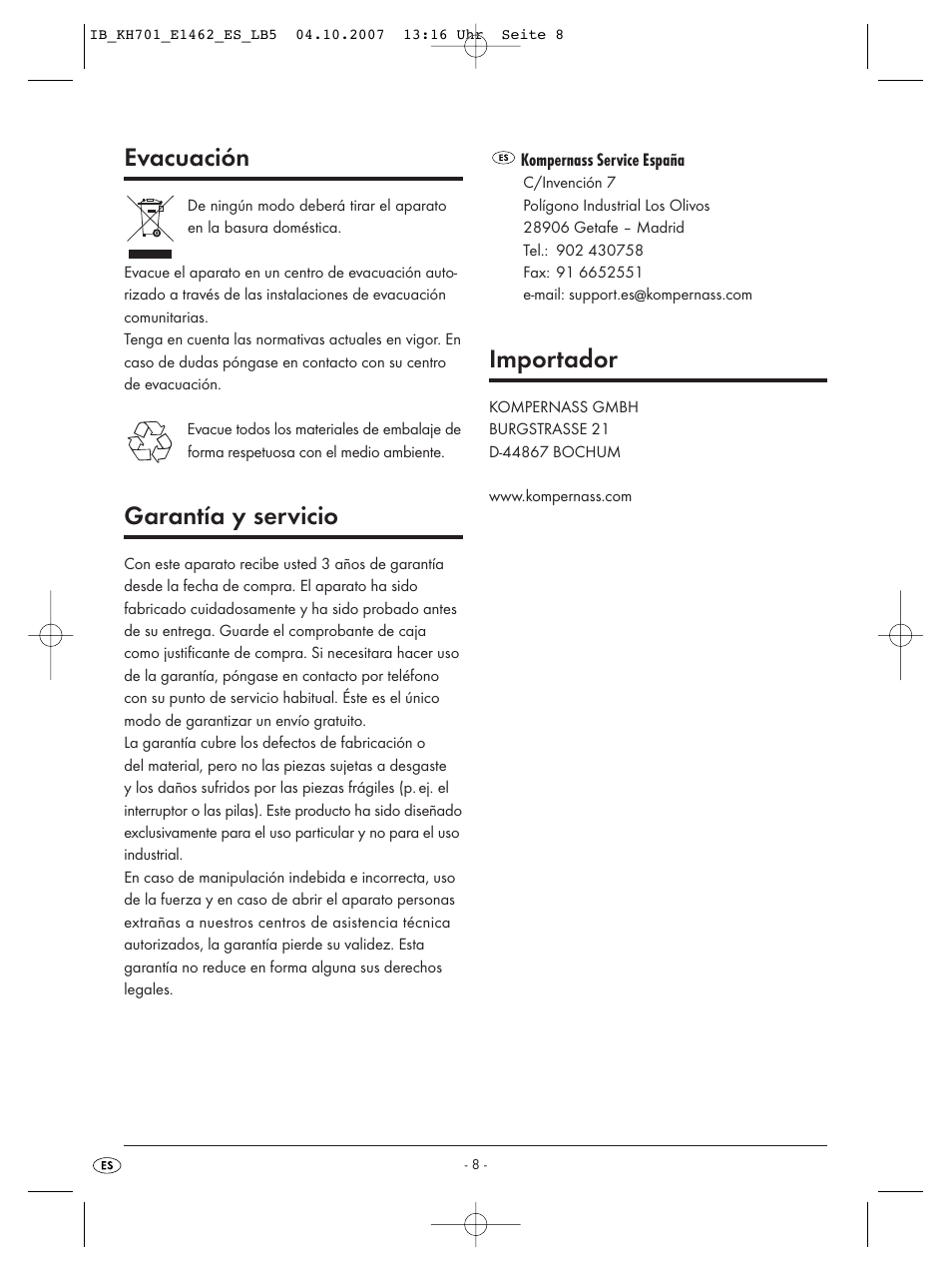 Evacuación, Garantía y servicio, Importador | Kompernass Food Processor KH 701 User Manual | Page 10 / 42