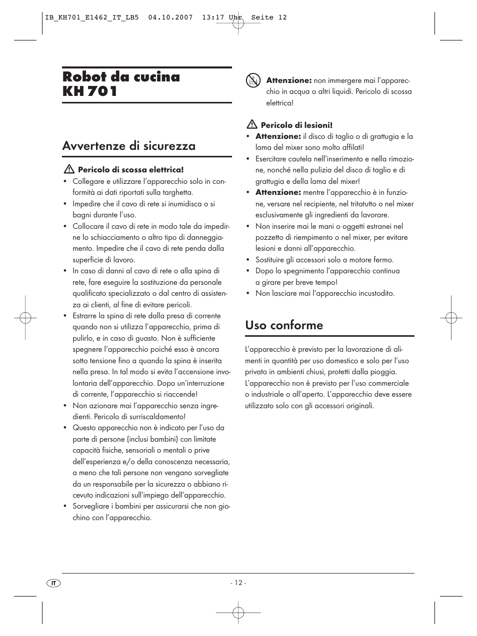 Robot da cucina kh 701, Avvertenze di sicurezza, Uso conforme | Kompernass Food Processor KH 701 User Manual | Page 14 / 42